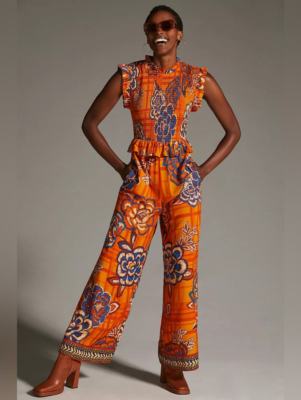 Farm Rio for Anthropologie Smocked Wide-Leg Jumpsuit in Orange